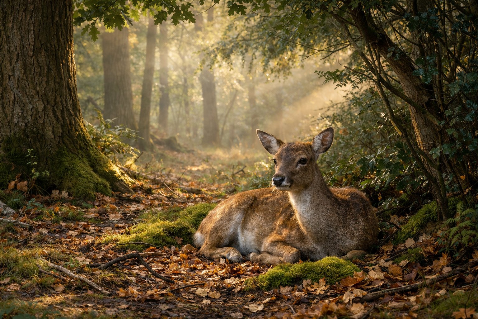 A deer resting quietly on the forest floor surrounded by trees and plants in a UK woodland.