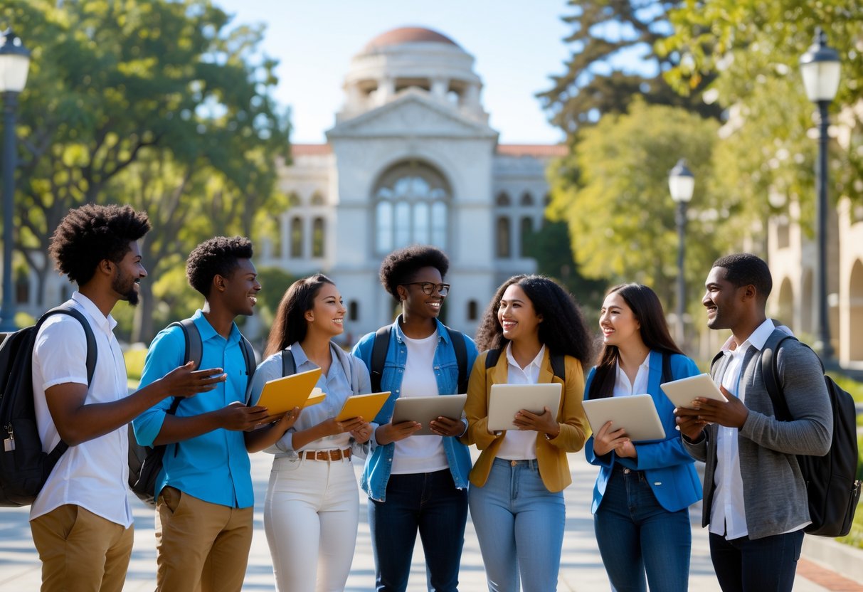 A group of diverse university students studying and talking together outdoors on a university campus with trees and buildings in the background.