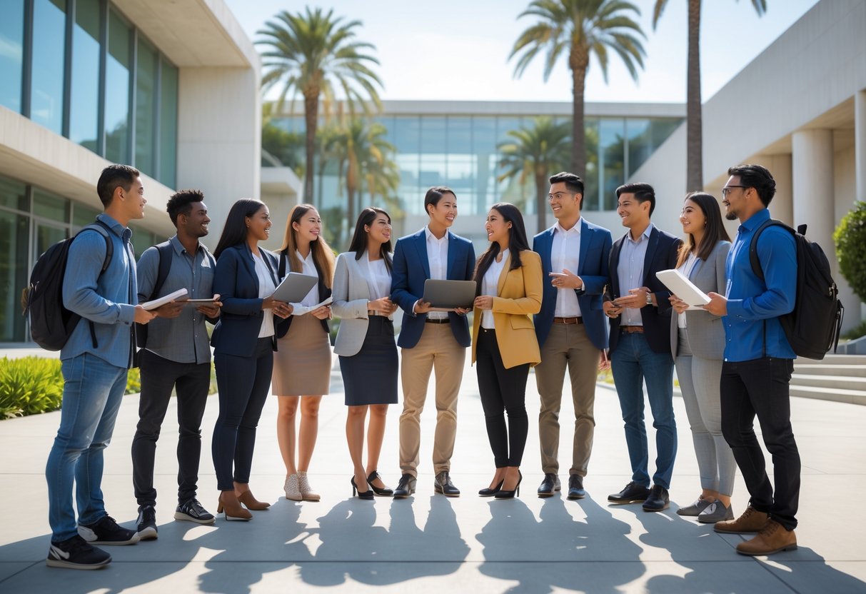 A diverse group of university students standing and talking outside a modern campus building with palm trees in the background.