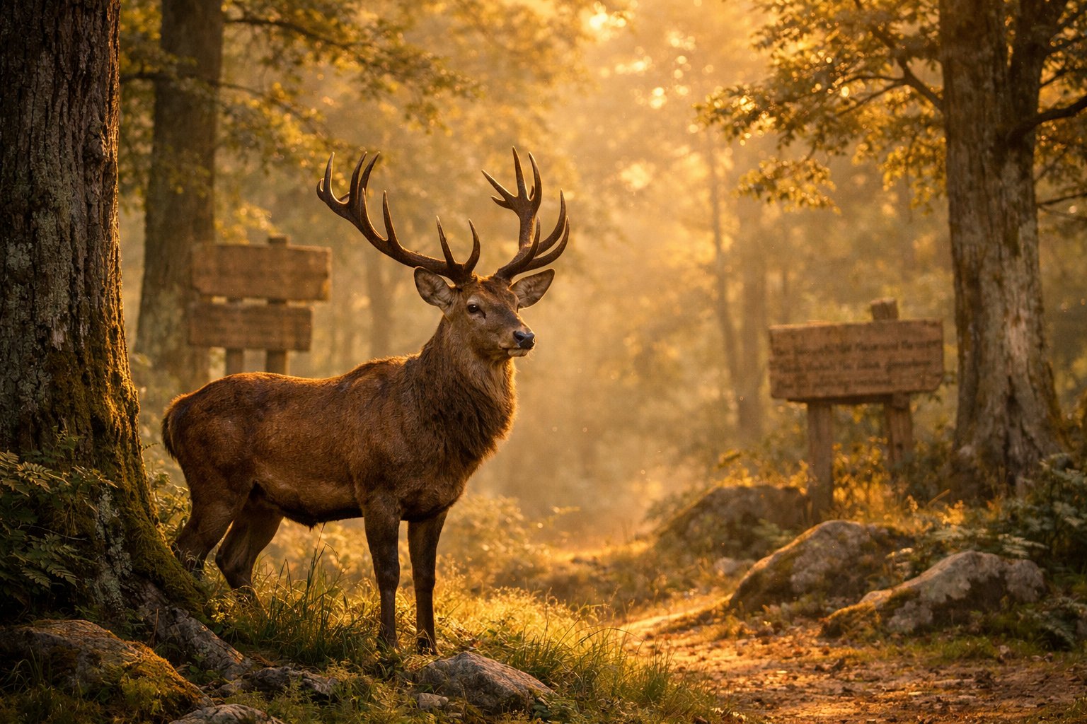 A deer standing calmly in a sunlit forest with tall trees and soft light filtering through the leaves.
