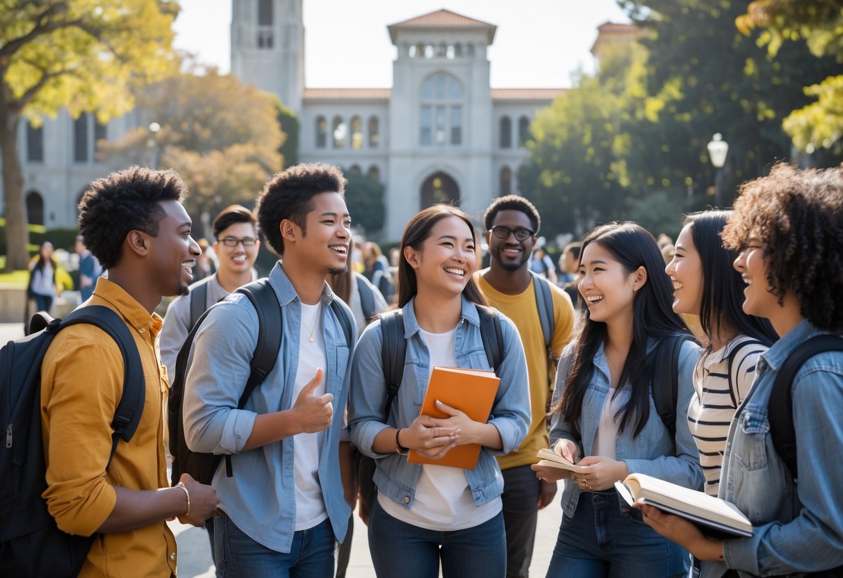 A diverse group of university students smiling and talking outdoors on a university campus with buildings and trees in the background.