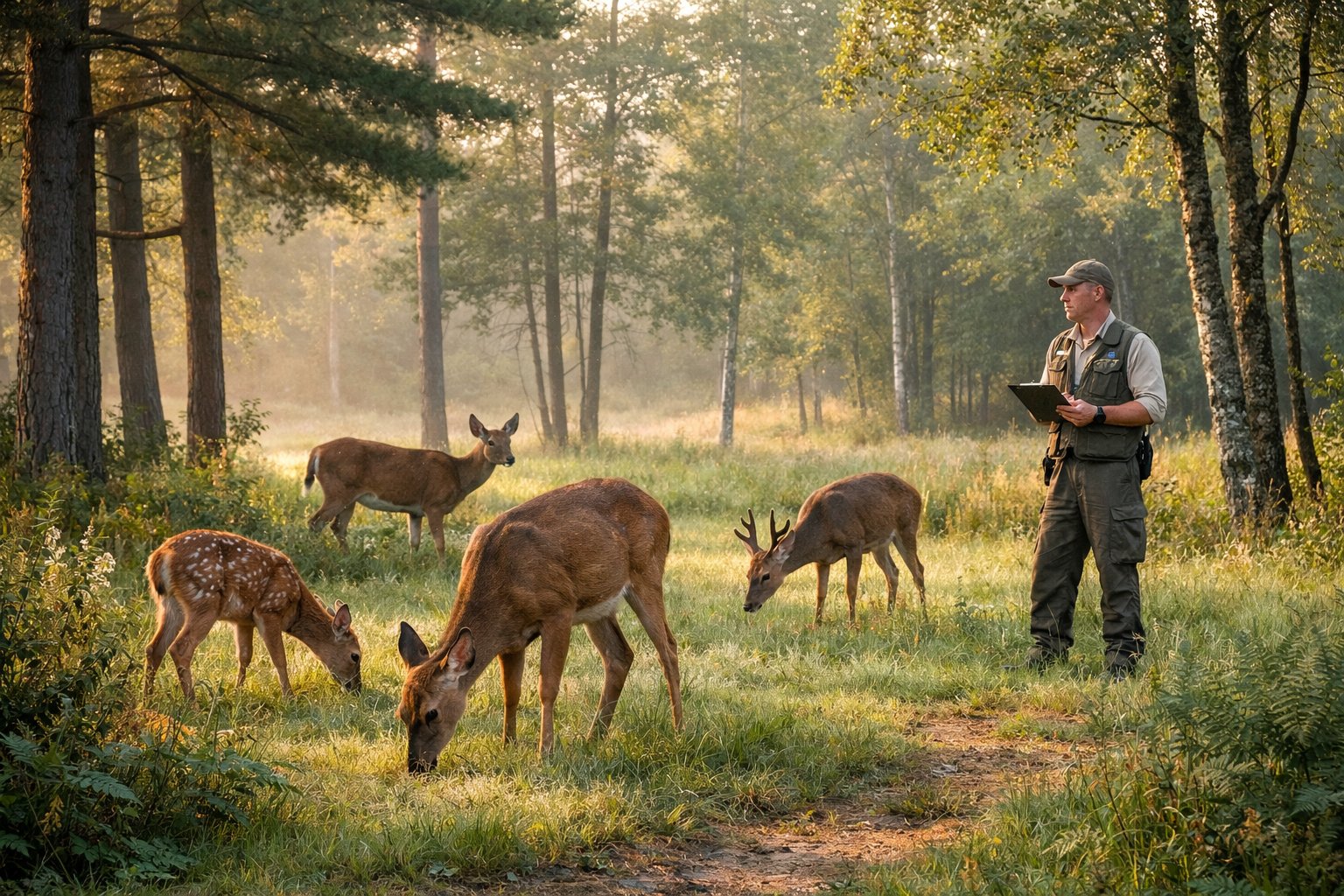 A group of deer grazing in a forest clearing with a wildlife officer observing them from a distance.
