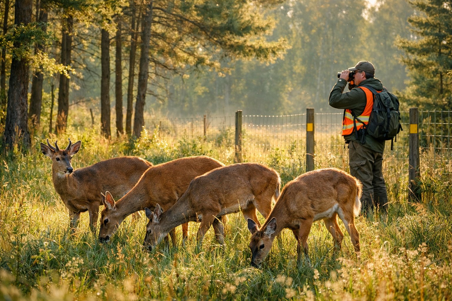 A group of deer grazing in a forest clearing while a conservationist observes them nearby.