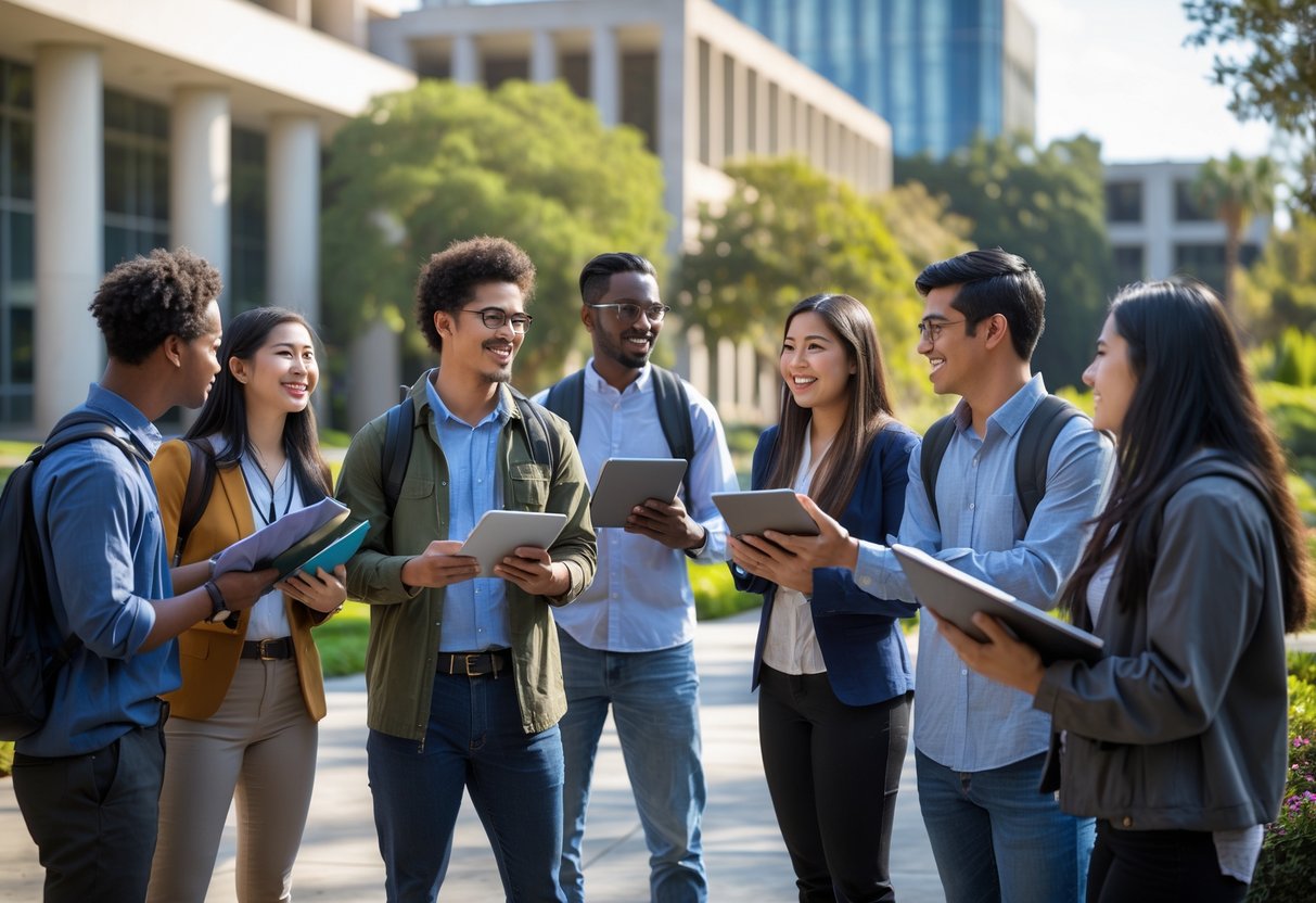 A diverse group of university students and researchers collaborating outdoors on a university campus with modern buildings and greenery in the background.