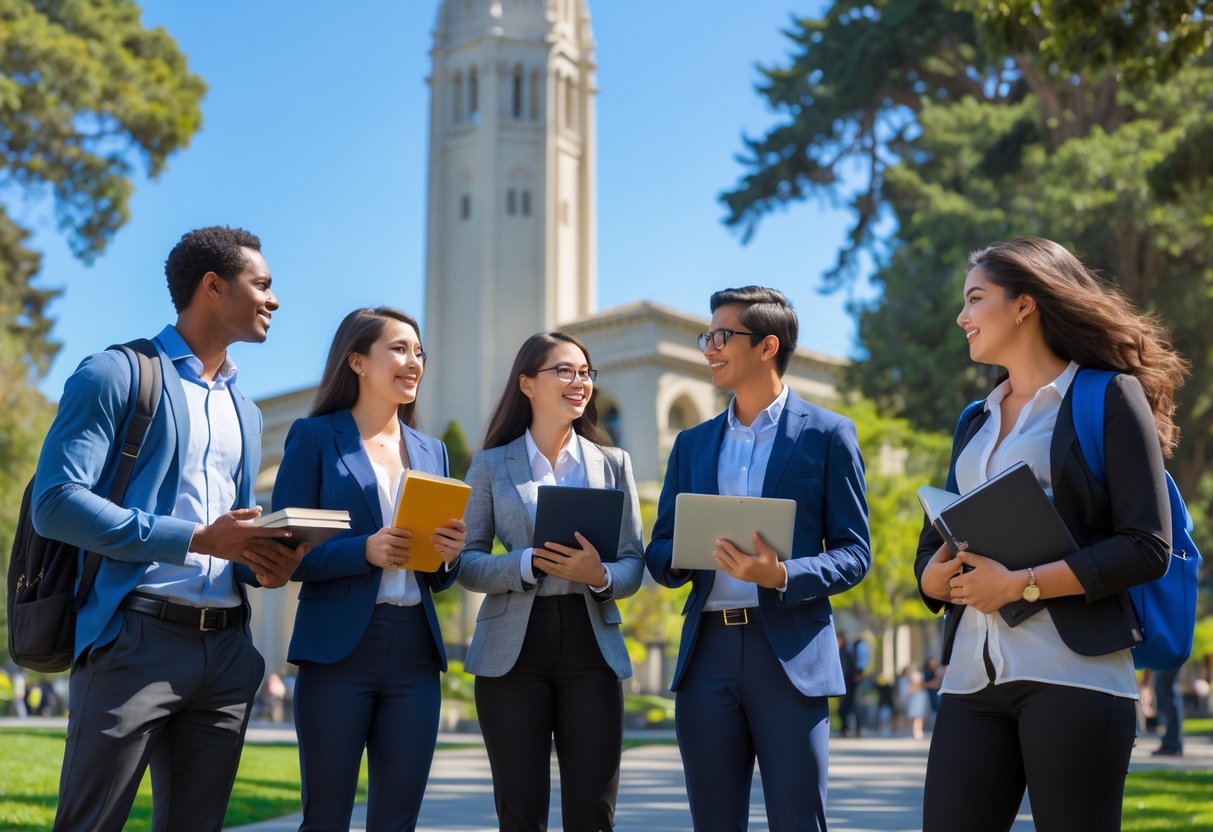 A group of diverse graduate students discussing together outdoors on the University of California Berkeley campus with iconic buildings and greenery in the background.