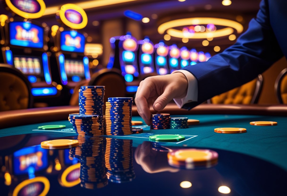 A casino interior with a poker table, colorful chips, a dealer's hand, and slot machines in the background.