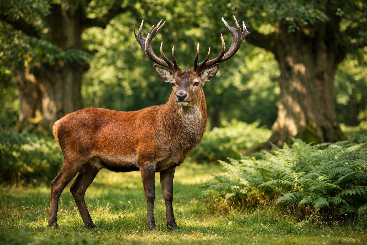 A red deer standing in a green forest clearing with trees and sunlight in the background.