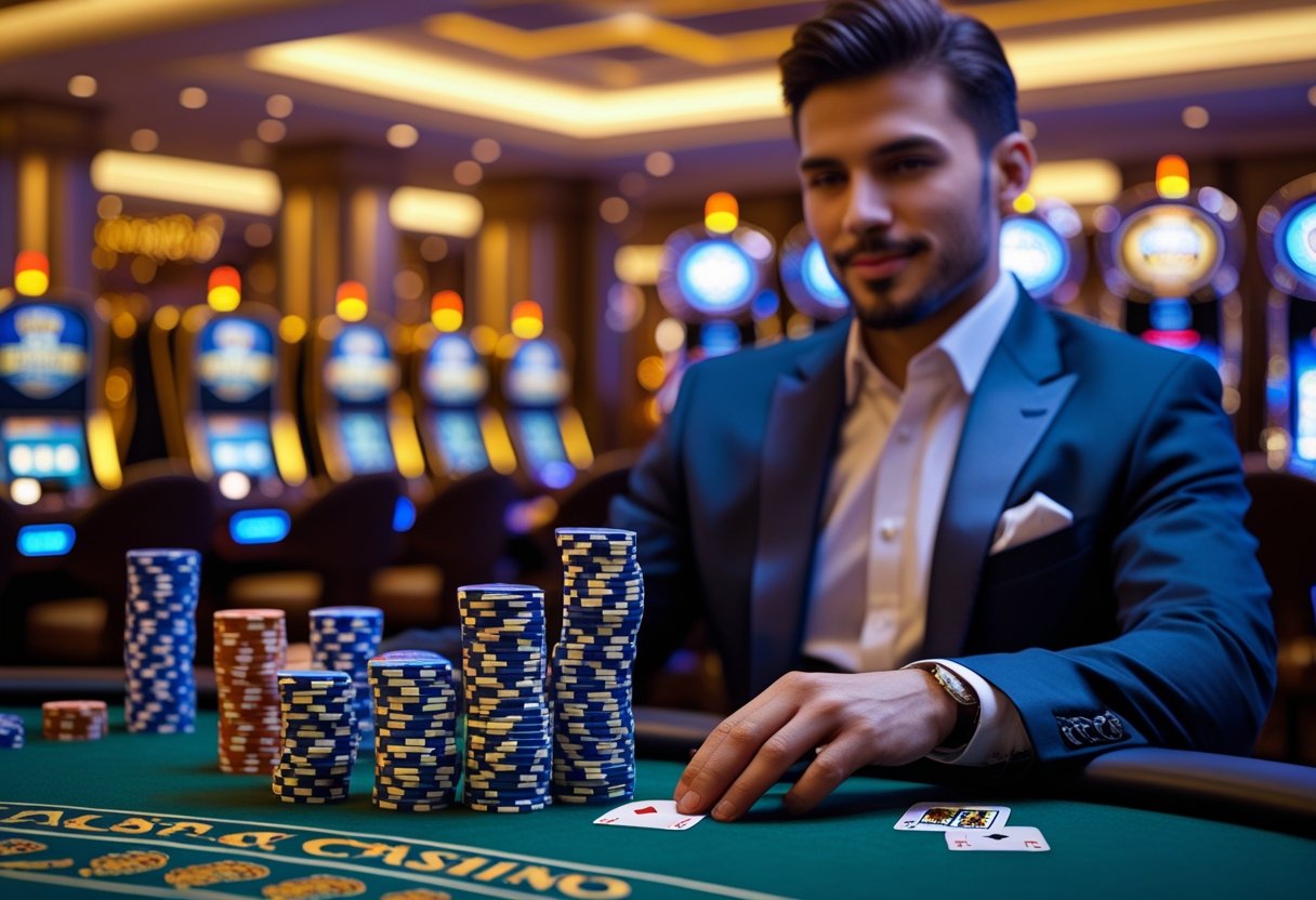 A person sitting at a poker table in a casino with stacks of chips and playing cards, surrounded by slot machines and warm lighting.