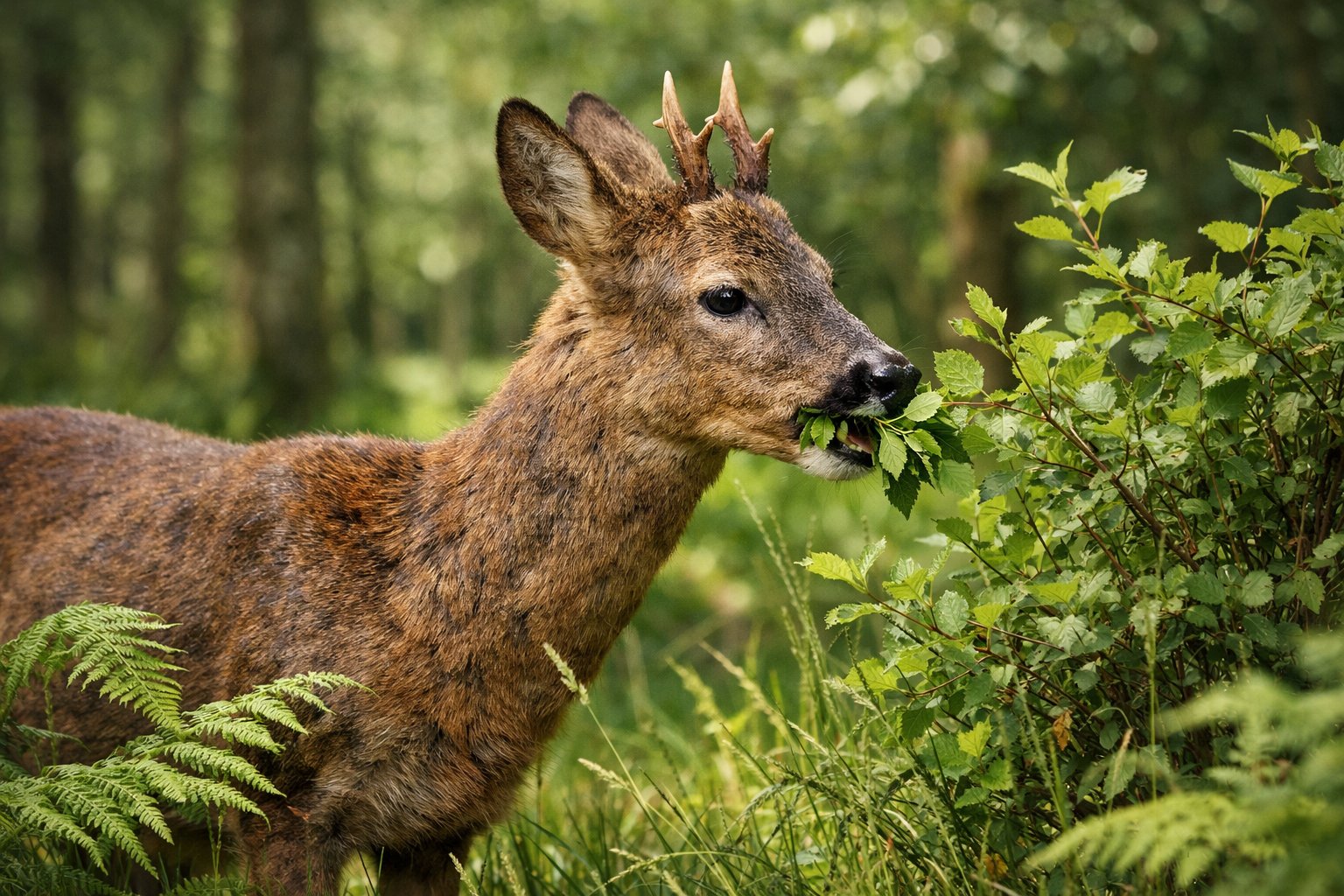 A wild UK deer eating green leaves in a forest surrounded by trees and plants.
