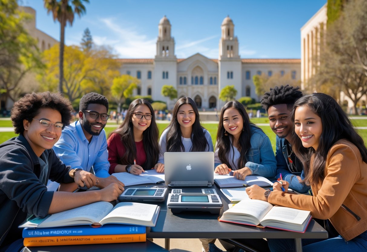 A diverse group of university students studying together outdoors on a sunny day with UCLA campus buildings in the background.