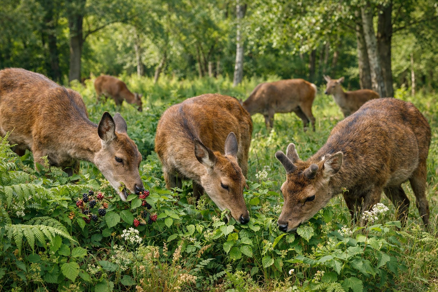 A group of deer grazing on plants in a green UK woodland with trees in the background.