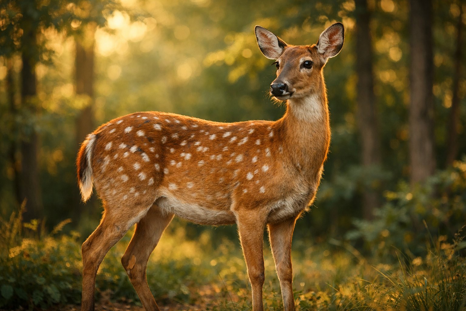 A female deer standing calmly in a forest with sunlight filtering through the trees.