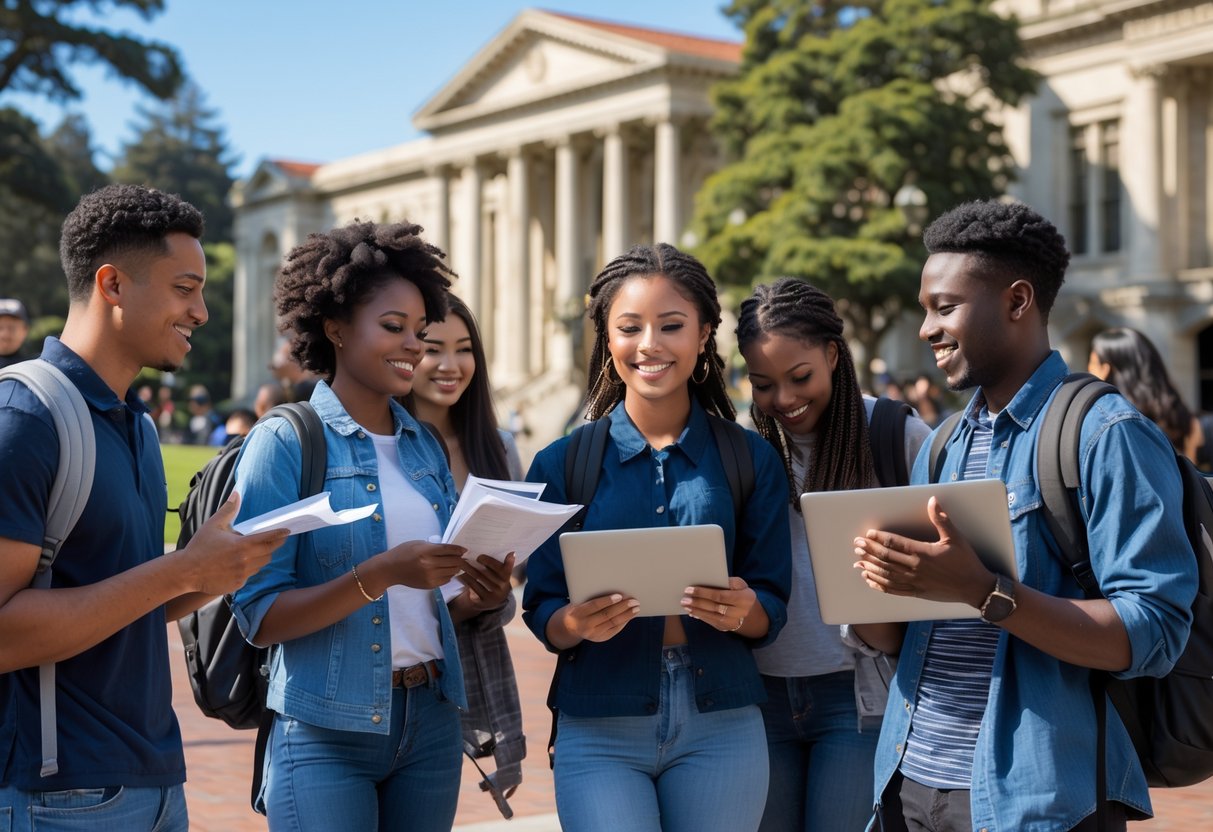 A group of diverse college students studying and collaborating outdoors on the University of California Berkeley campus.