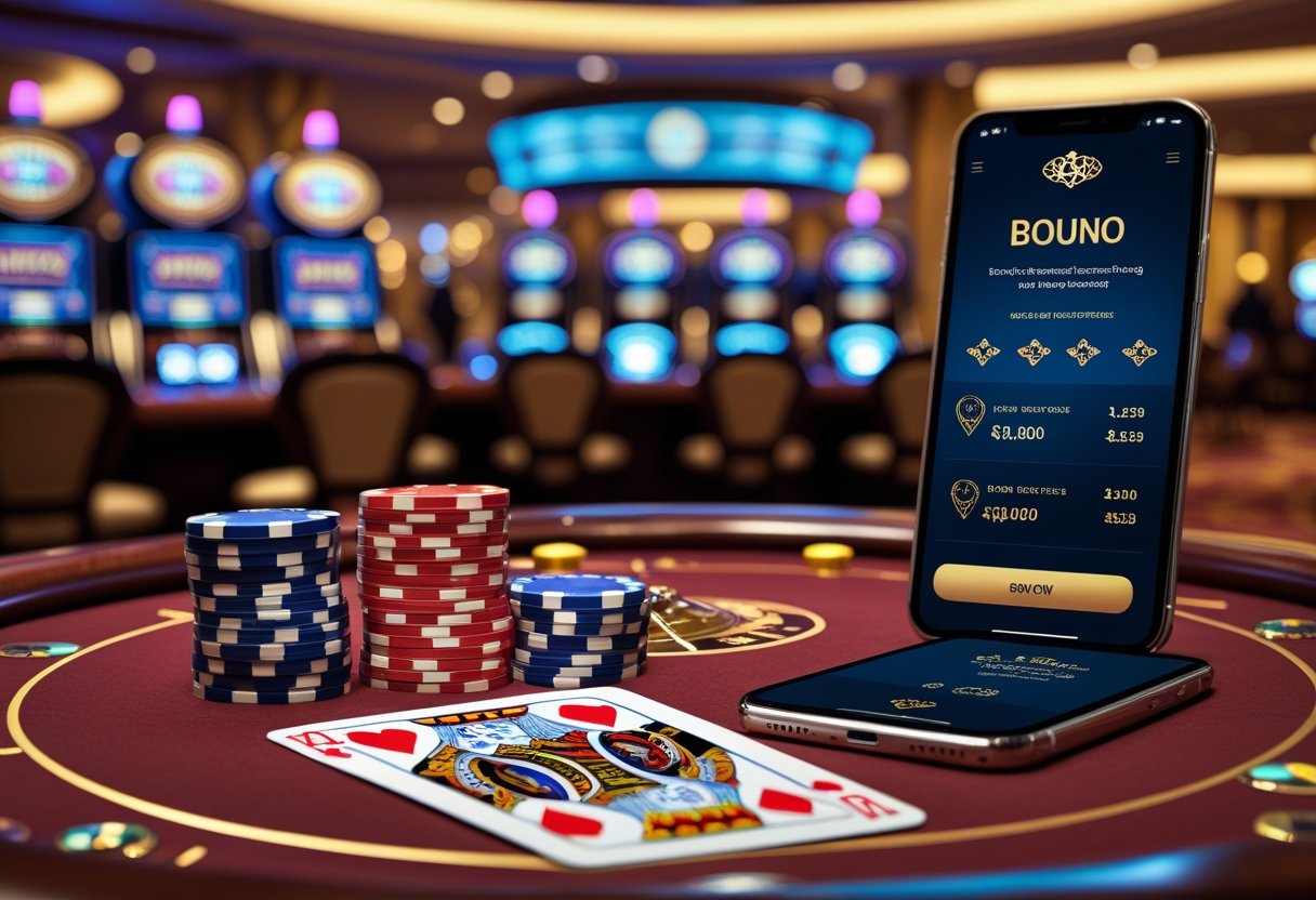 Close-up of a casino table with poker chips, playing cards, and a smartphone showing a casino app, set in a luxurious casino environment.