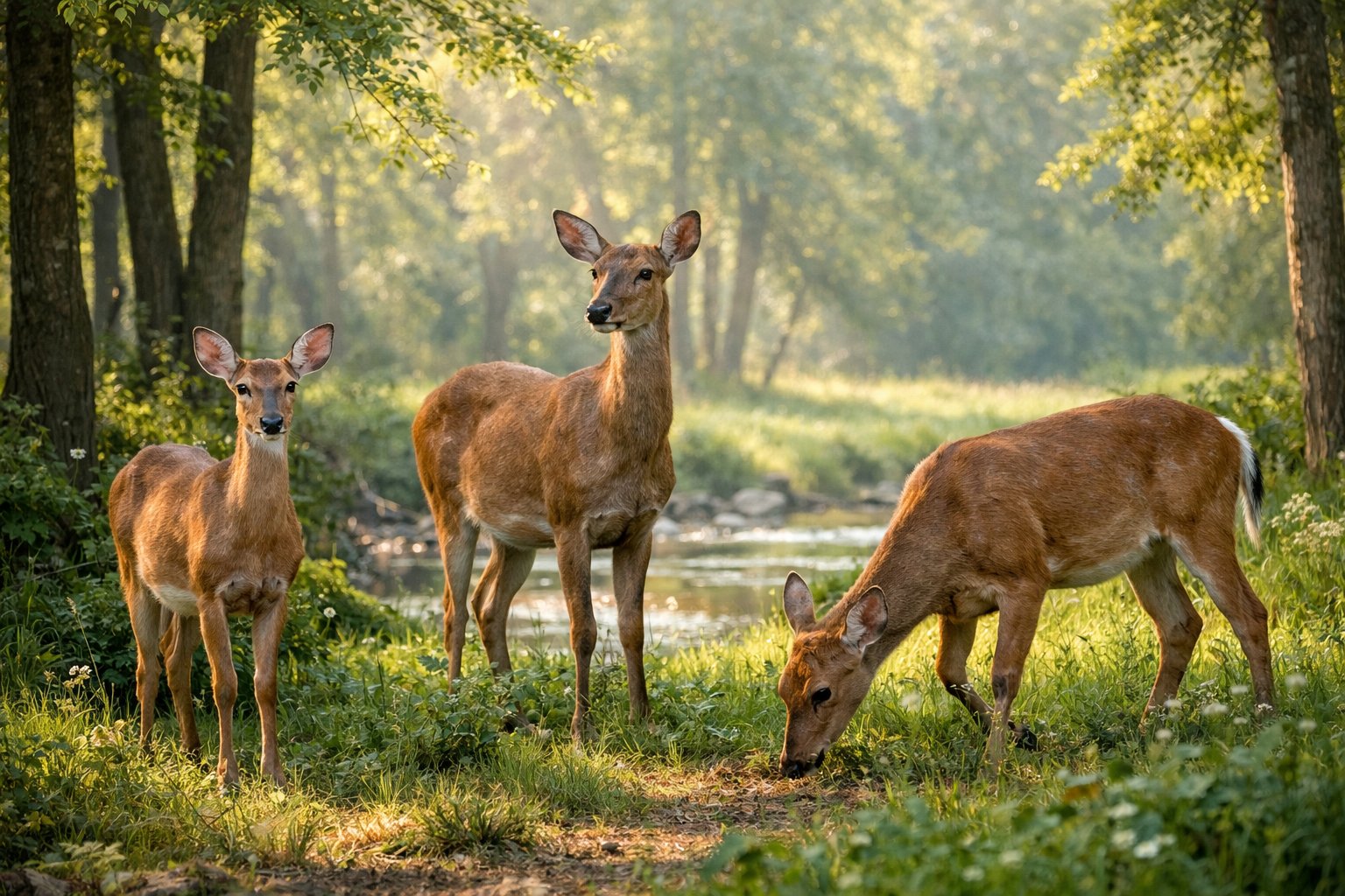 Three female deer standing peacefully in a sunlit forest with green trees and plants around them.