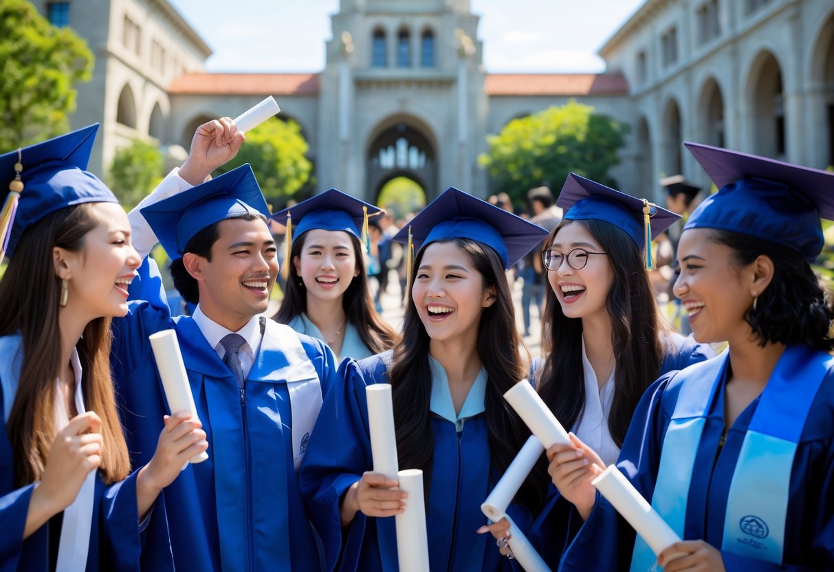 A diverse group of university students celebrating outdoors on a sunny university campus with iconic buildings and greenery in the background.