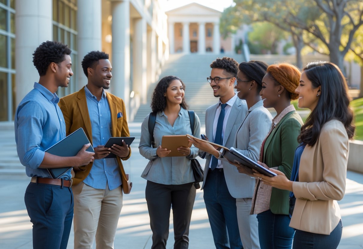 A diverse group of young adults studying and discussing together on a university campus with UCLA buildings in the background.