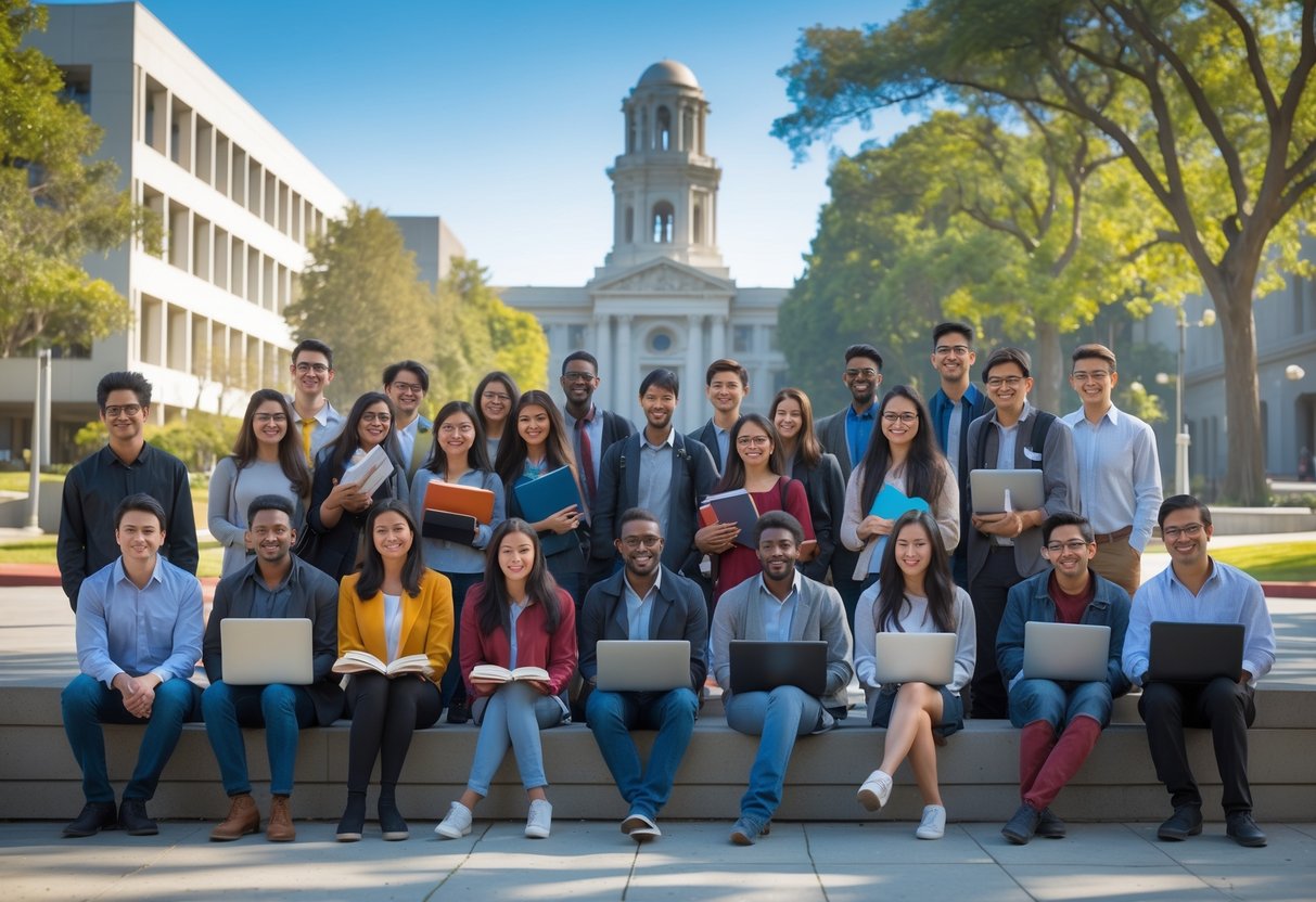A diverse group of university students studying together outdoors on a sunny day at the University of California Berkeley campus.