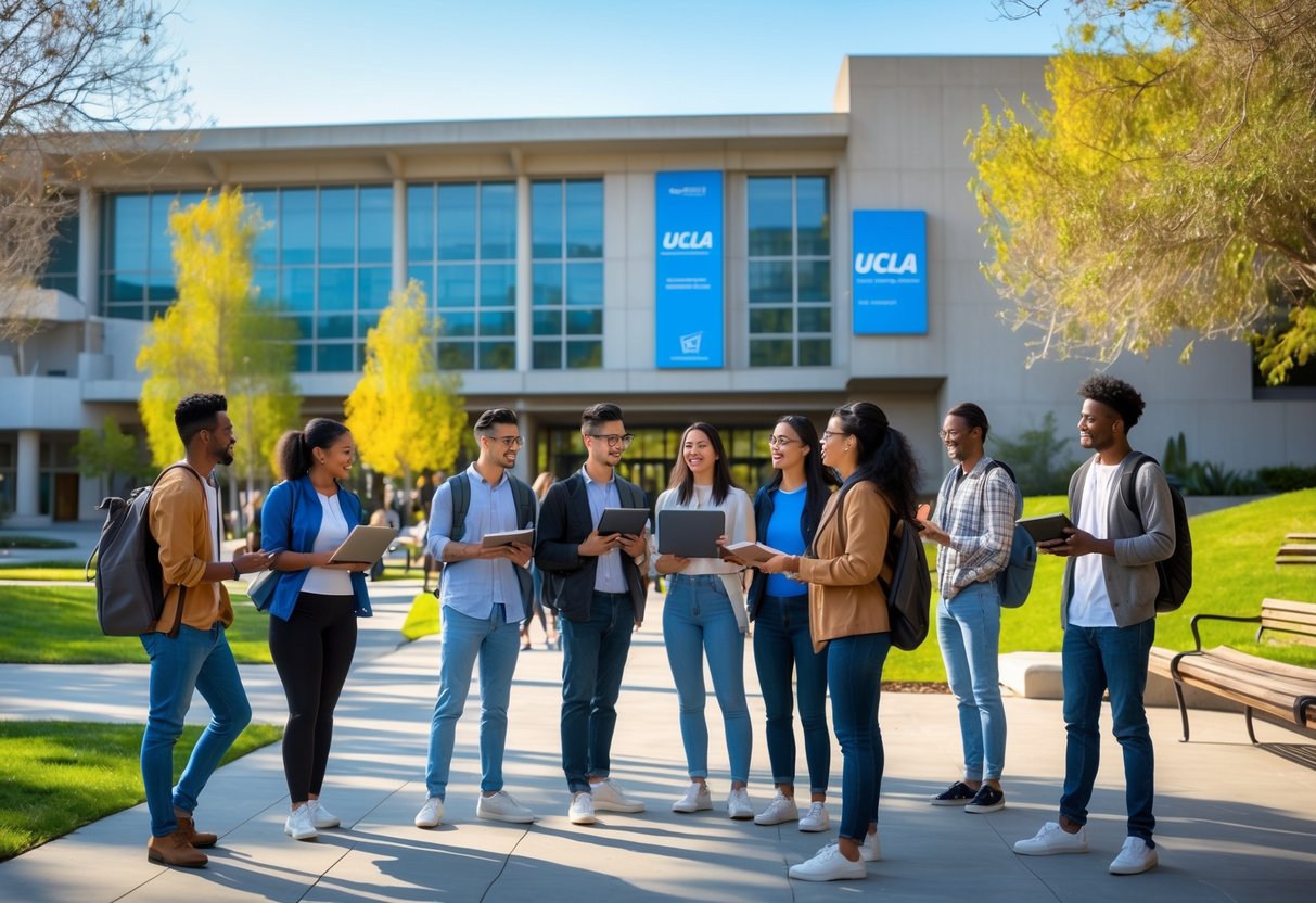 A group of diverse college students talking outside a modern university building with trees and blue sky.