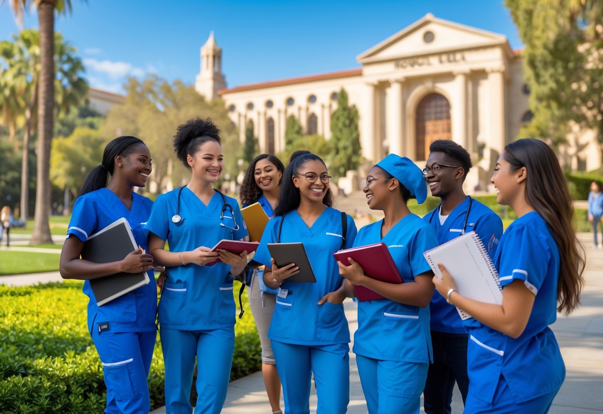 A group of diverse nursing students studying and talking together outdoors on a university campus with iconic buildings and greenery in the background.