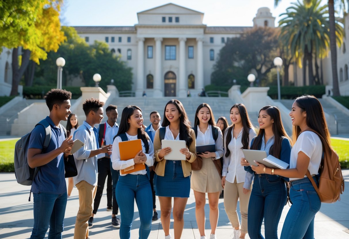 A group of diverse college students studying and talking together outside on the UCLA campus with university buildings in the background.