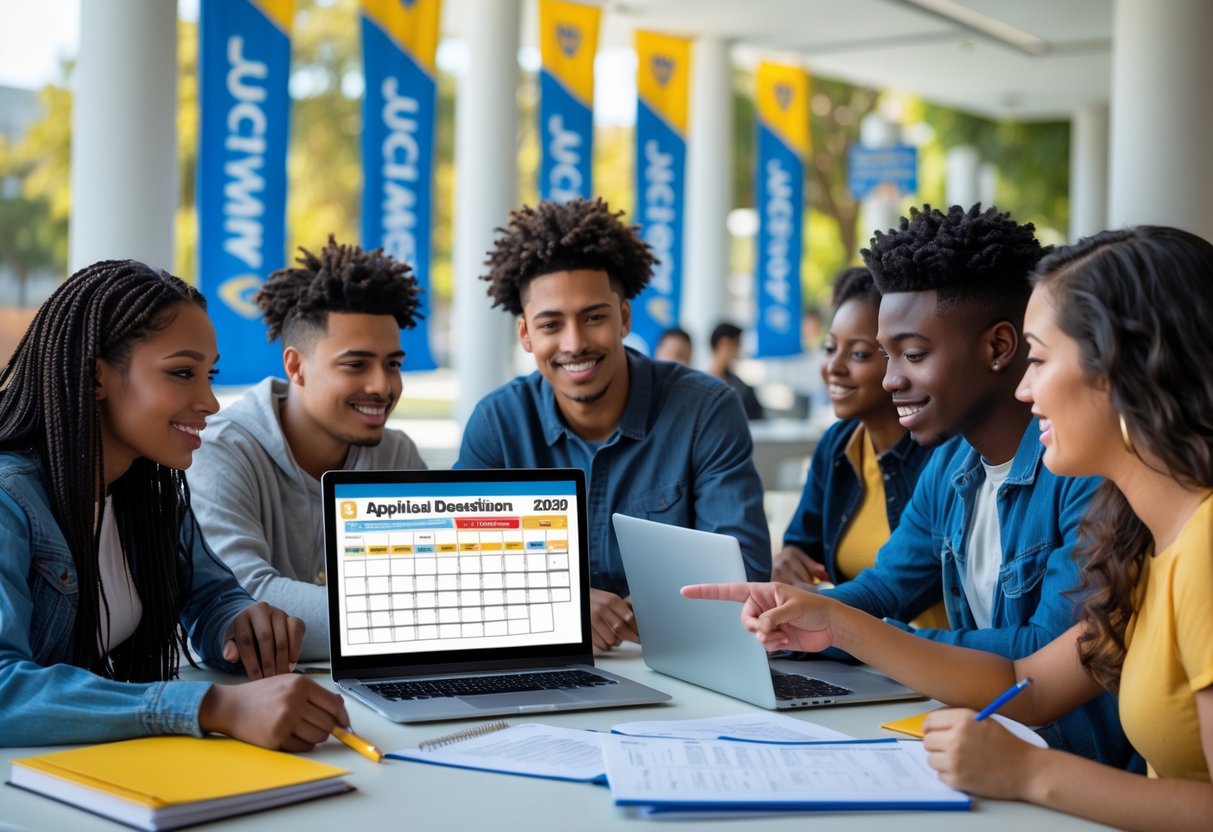 A group of diverse students working together on university applications at a study table with laptops and documents.