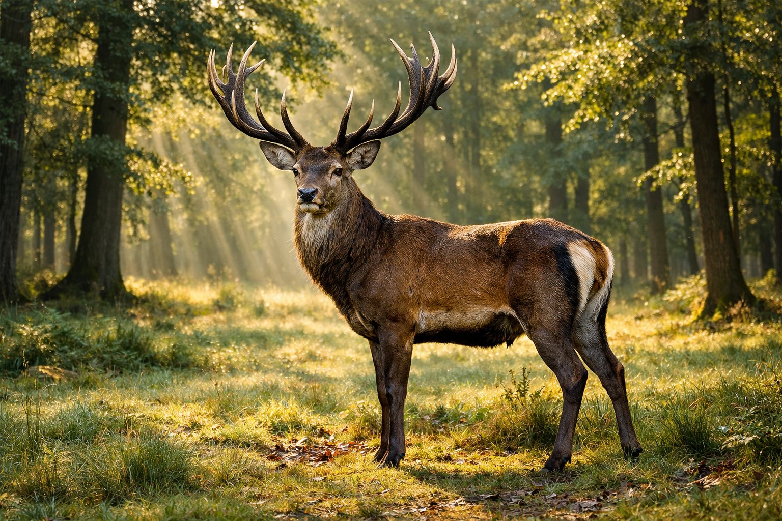 A stag standing in a sunlit forest clearing with trees and grass around.