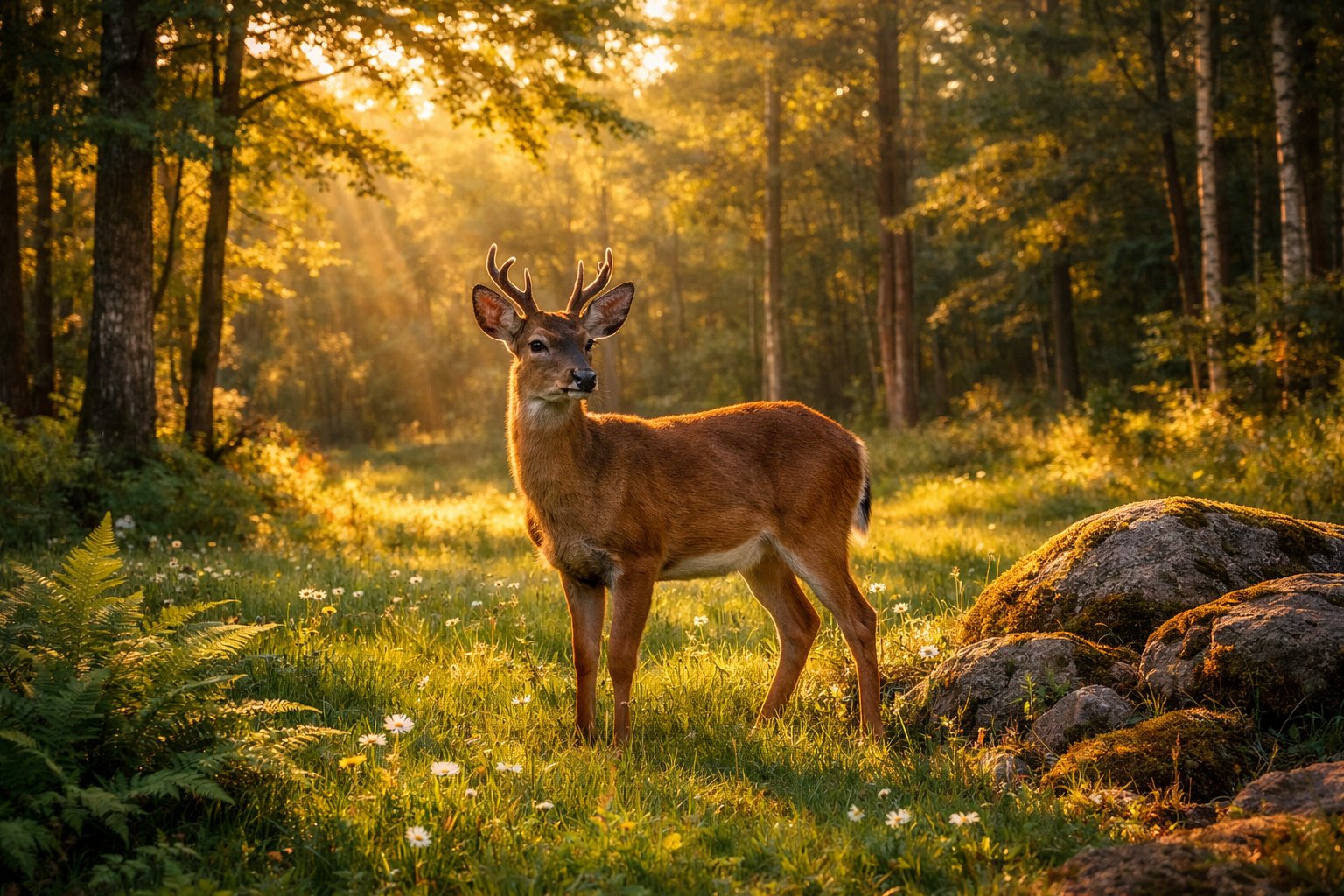 A deer standing alert in a sunlit forest clearing surrounded by trees and greenery.