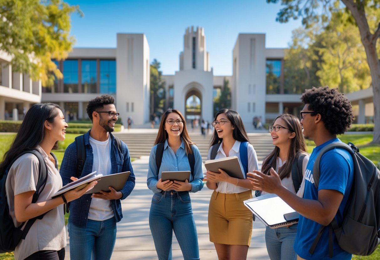 A group of diverse university students talking and studying together outside on the UCLA campus with campus buildings and trees in the background.