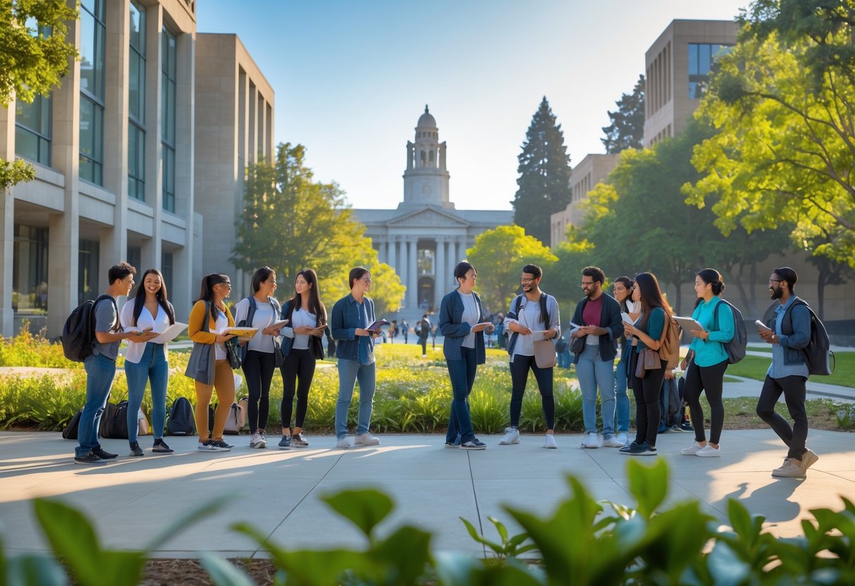 A diverse group of university students studying and talking together outdoors on a sunny day at the University of California Berkeley campus.