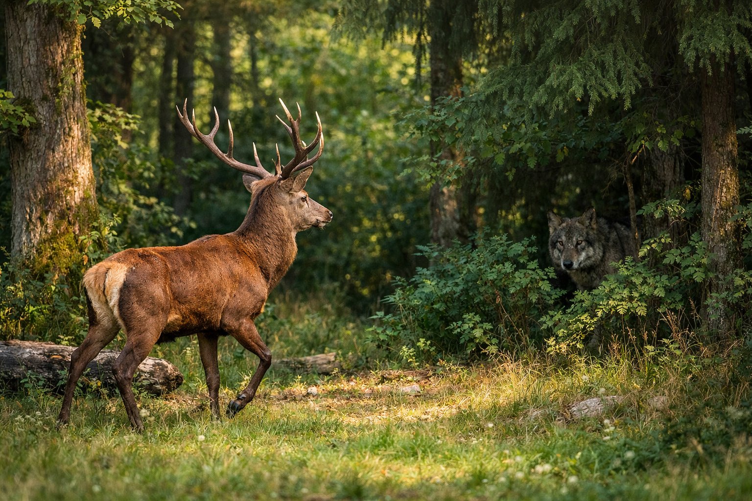 A red deer standing in a forest clearing with a wolf partially hidden behind trees watching it.