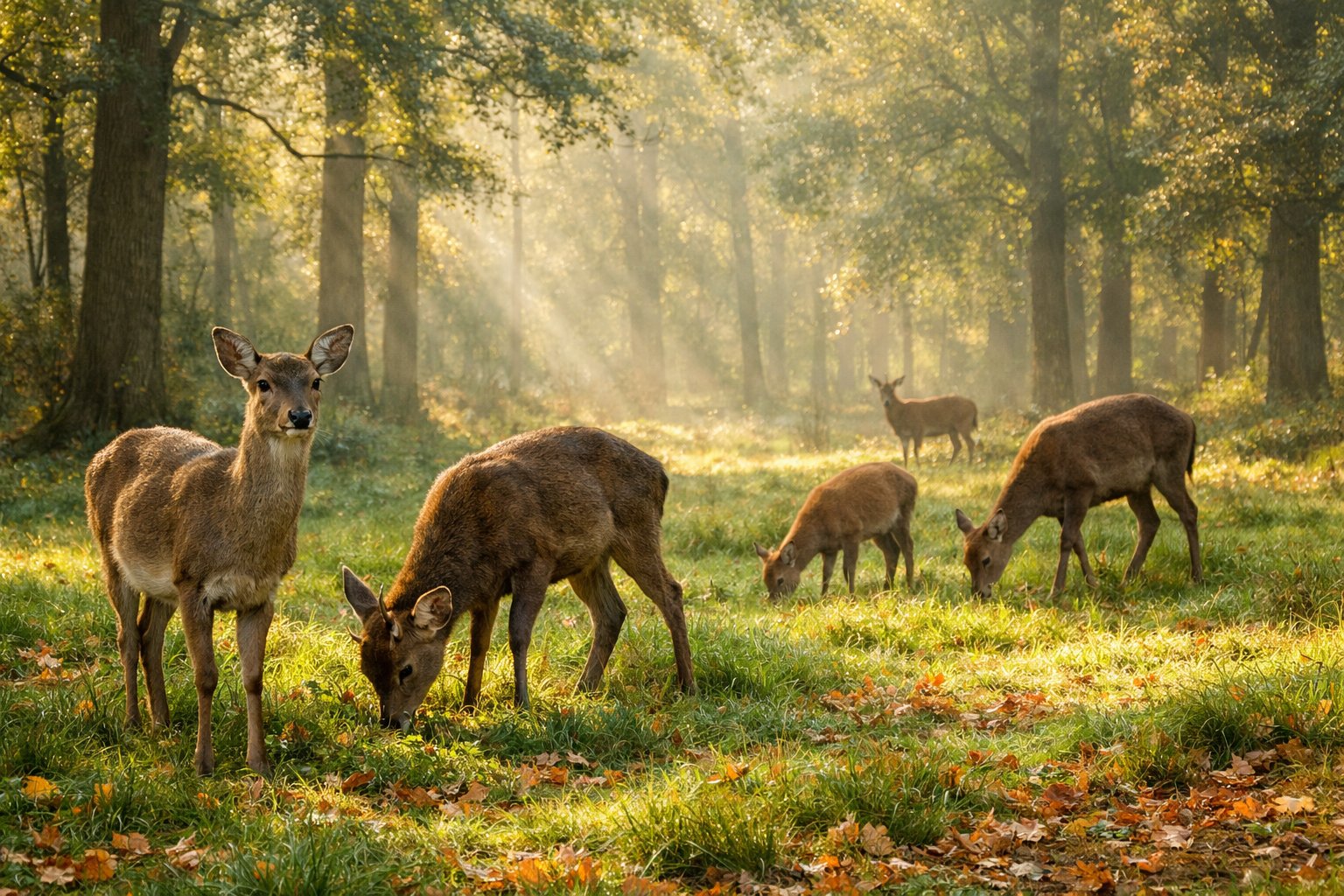 A small group of deer grazing quietly in a sunlit forest with tall trees and green grass.