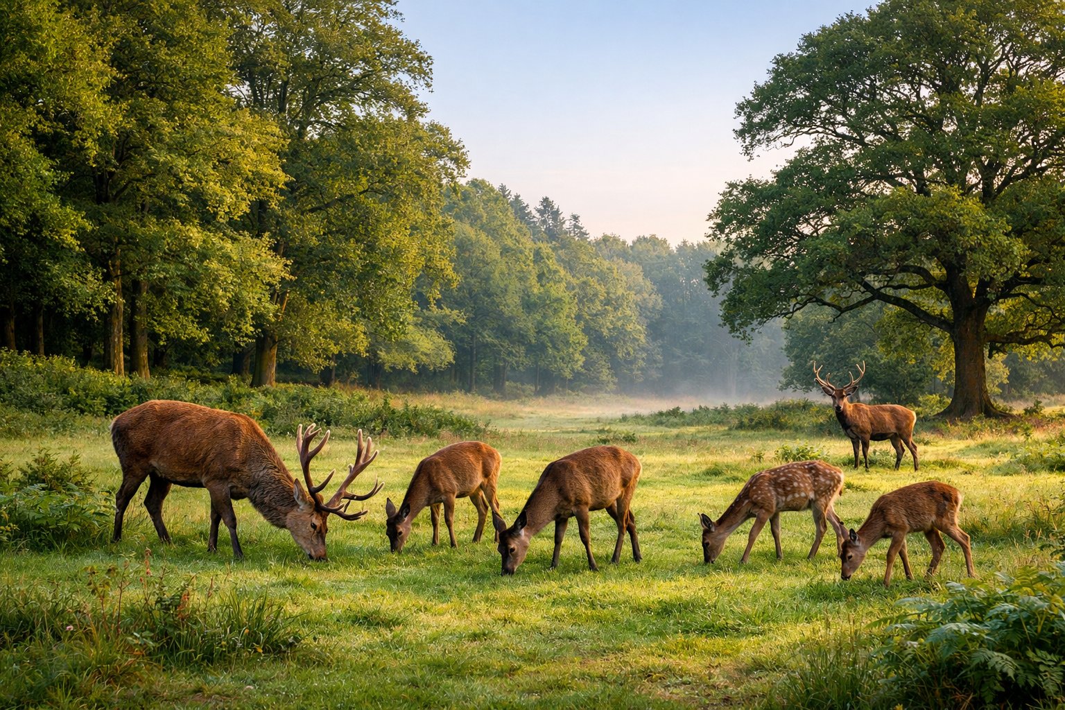 A group of deer grazing in a green forest clearing with tall trees in the background under a clear sky.
