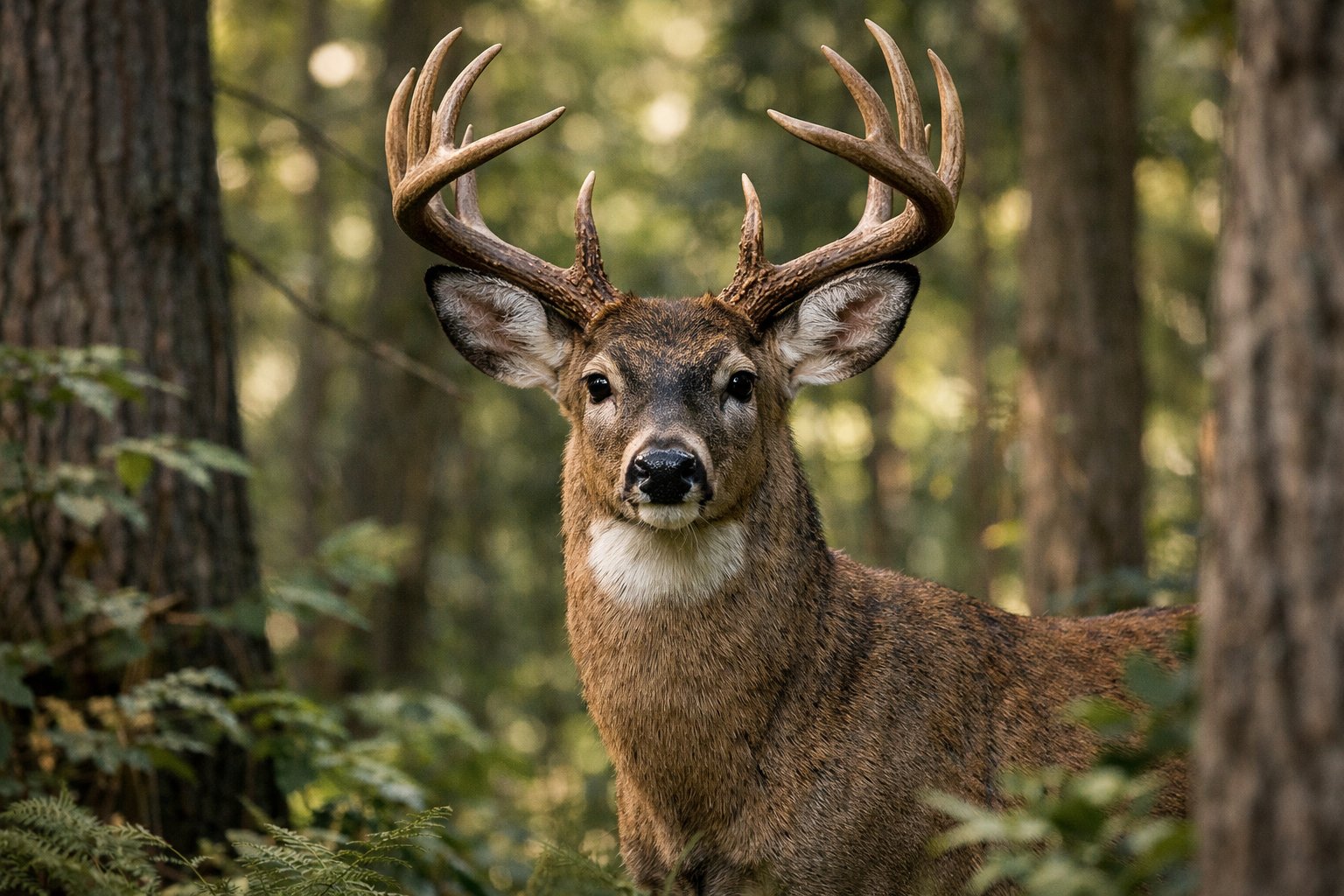 An adult deer in a forest stands alert with its antlers visible, surrounded by trees and green foliage.