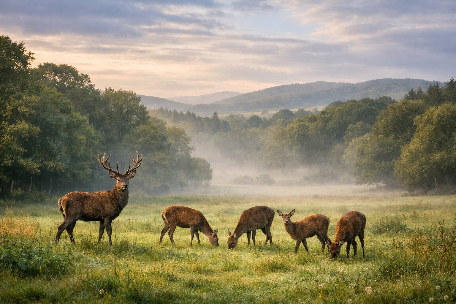 A small group of wild deer grazing in a green meadow surrounded by woodland and rolling hills under a cloudy sky.
