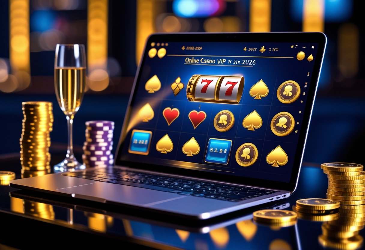 A laptop displaying an online casino game with poker chips, cards, and gold coins on a table with a glass of champagne nearby.