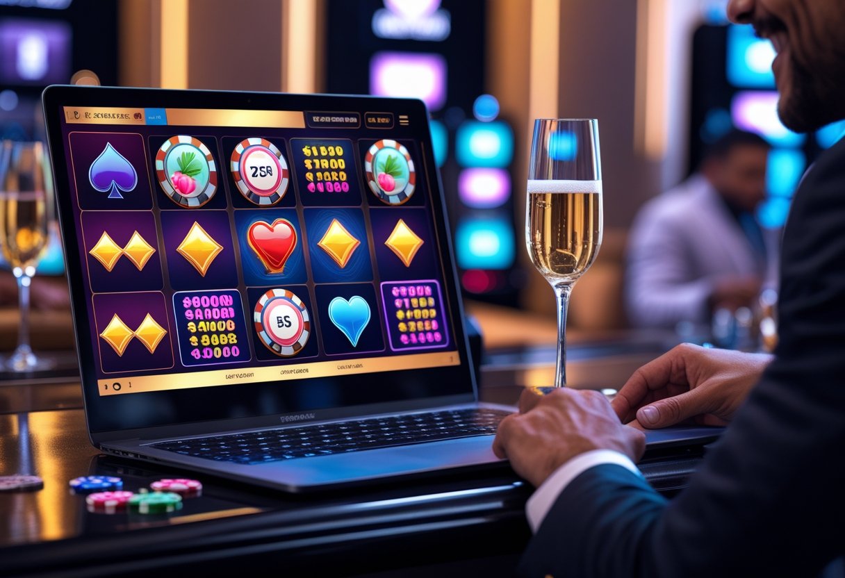 A person using a laptop displaying an online casino interface with poker chips and playing cards in a luxurious setting.