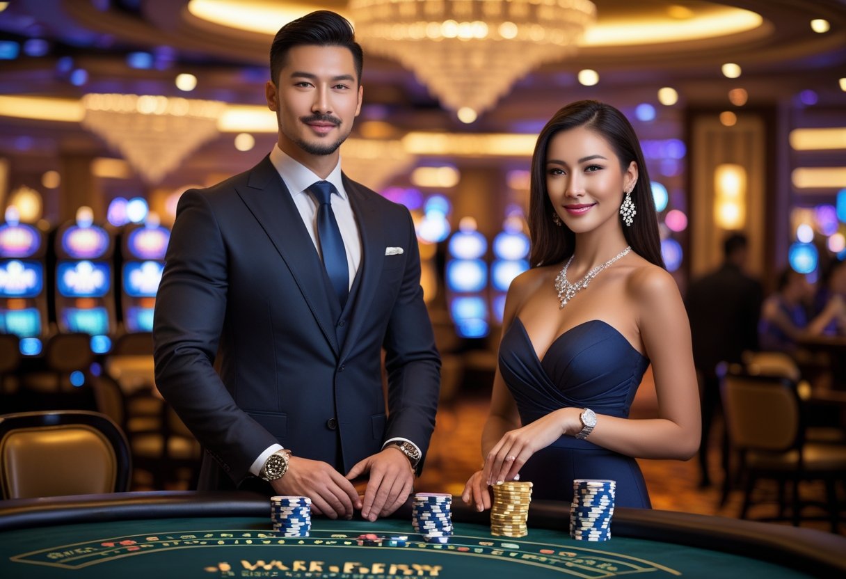 A well-dressed man and woman standing near a poker table in a luxurious casino, surrounded by chips and cards.
