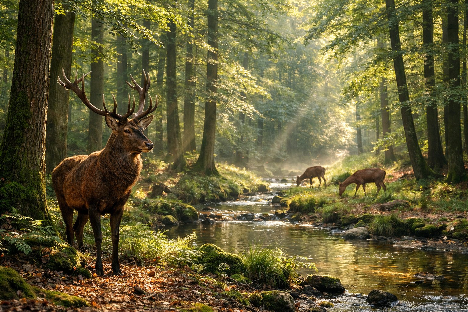 A deer standing alert in a green forest with other deer grazing near a small stream.