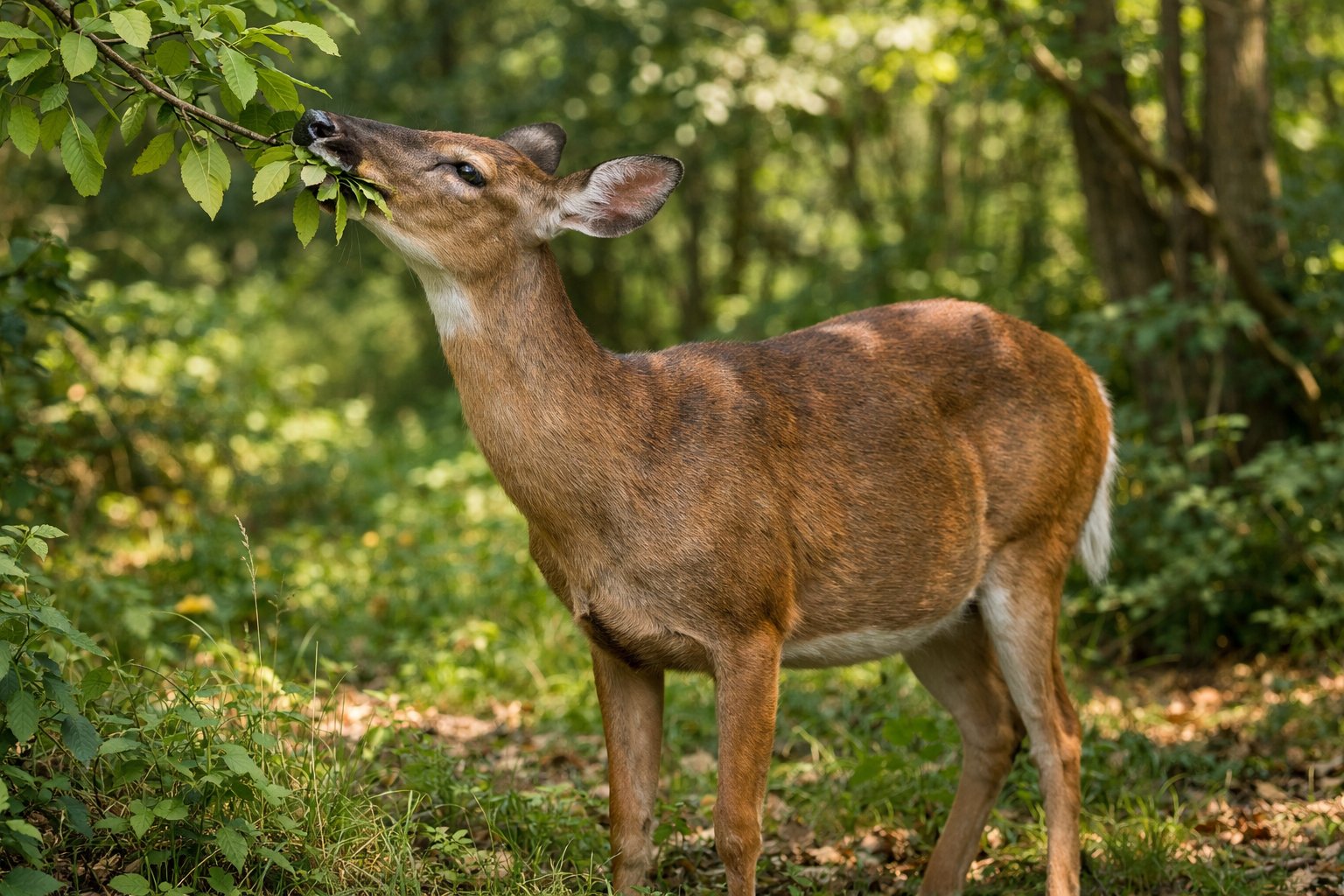 A deer eating green leaves from a low tree branch in a forest.