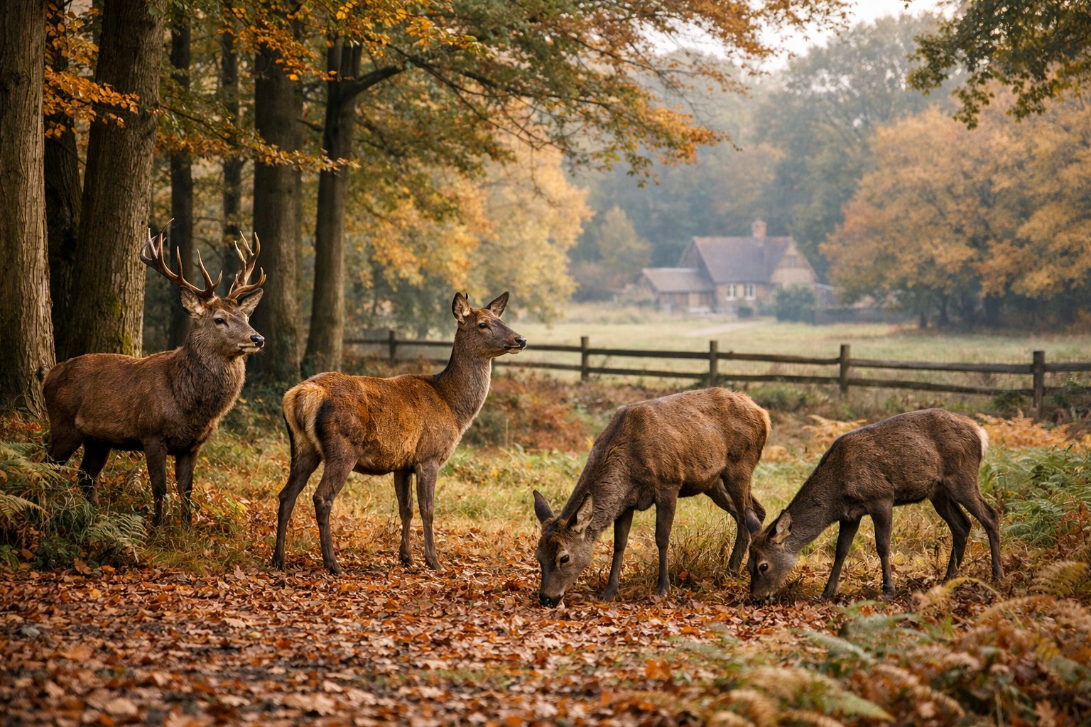 A group of deer grazing near the edge of a forest with autumn leaves and a distant farmhouse in the background.