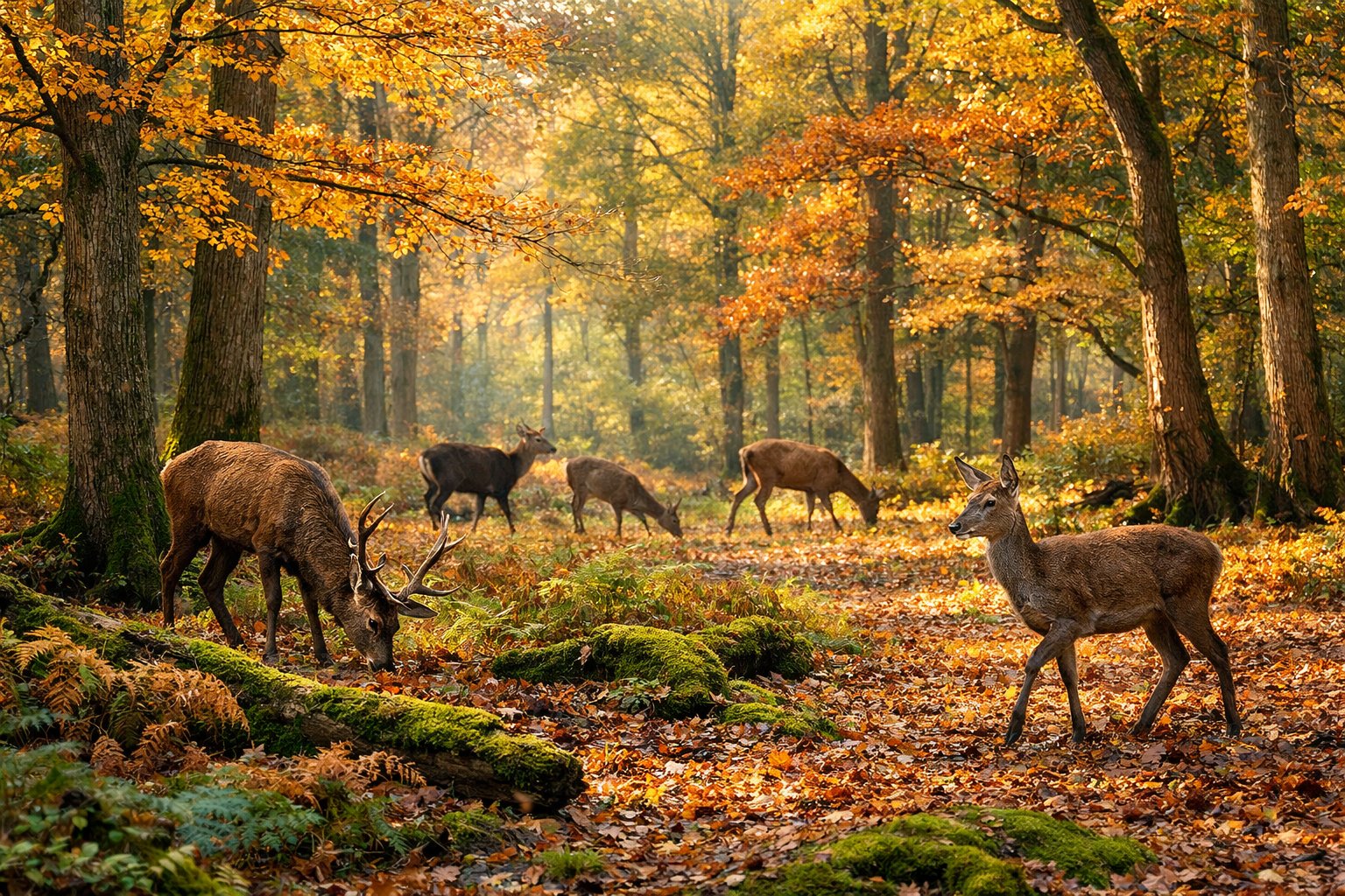 A group of deer grazing in a colorful autumn forest with sunlight filtering through the trees.