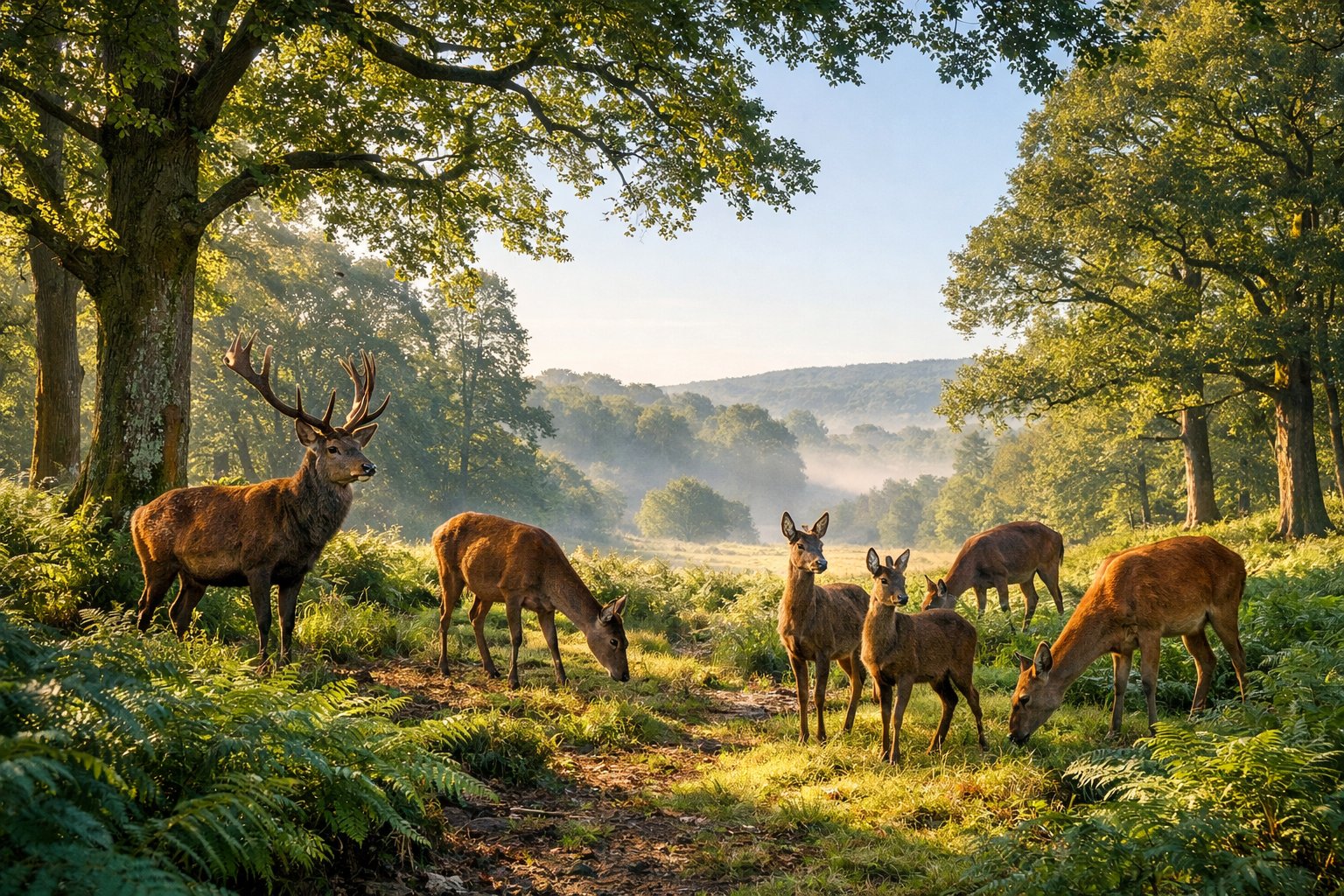 A group of deer grazing quietly in a misty British woodland surrounded by green trees and ferns.