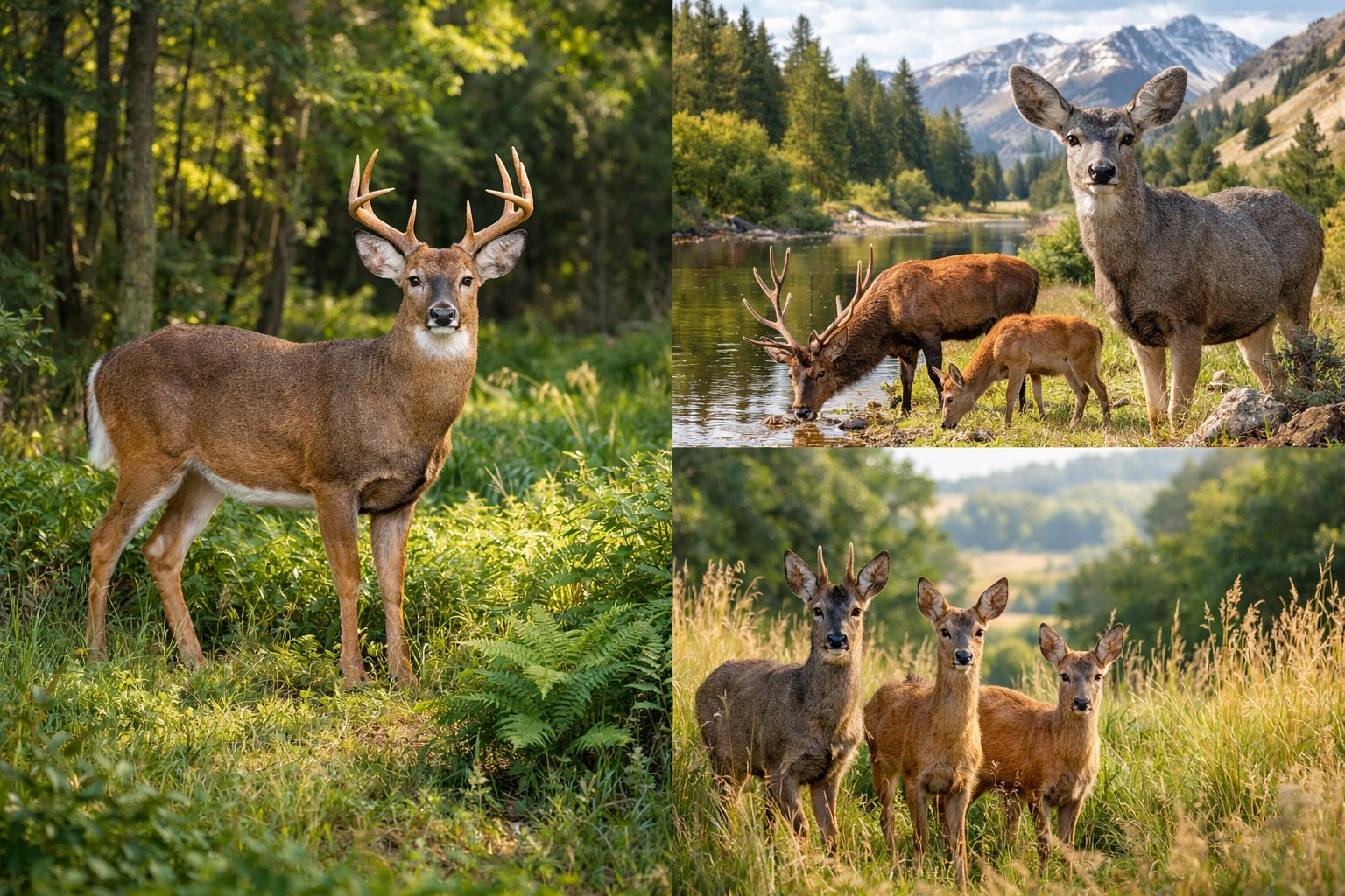 Various types of deer in different natural settings including forest, riverbank, and meadow.