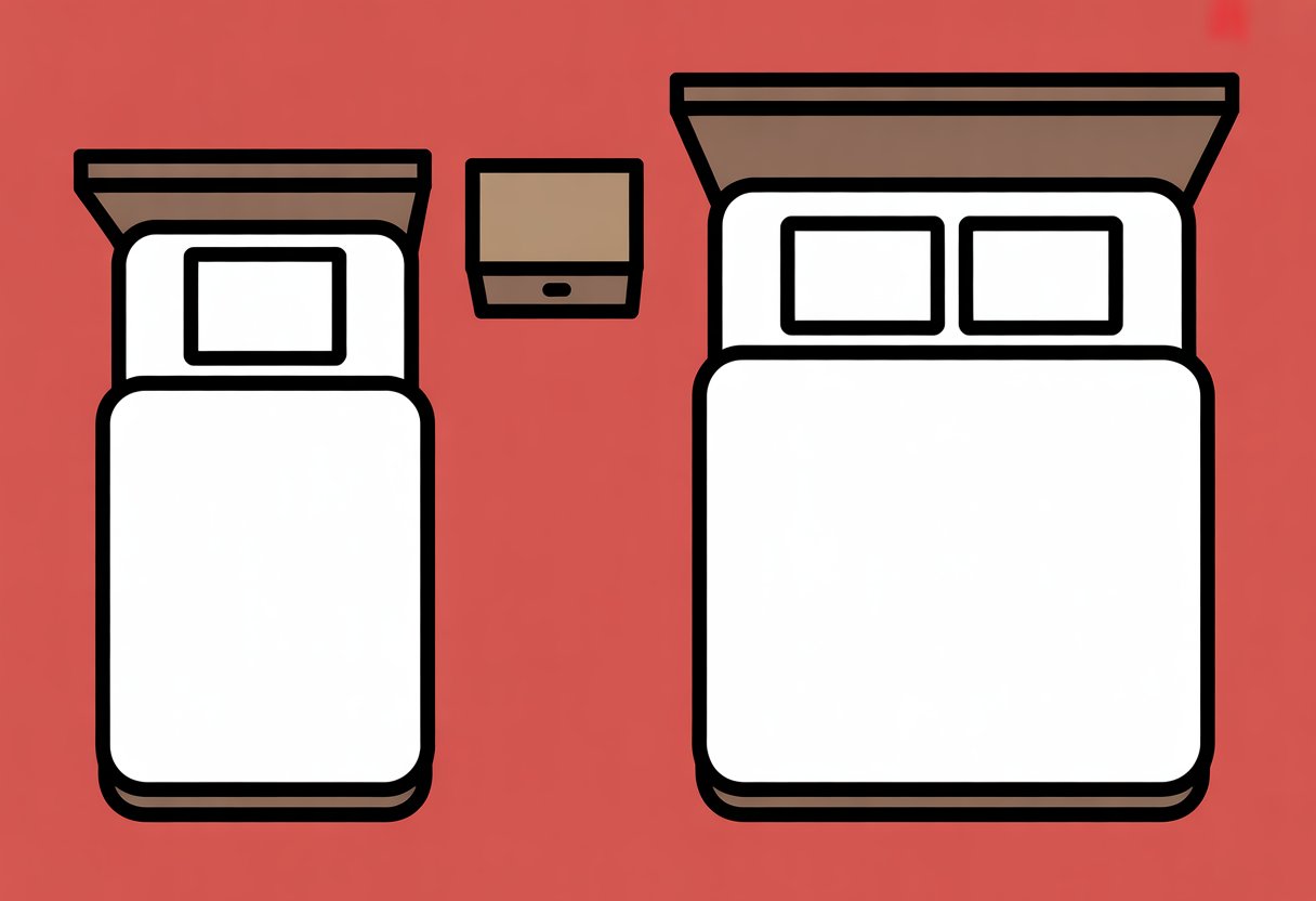 Top-down view of two simple bed outlines side by side, one narrower and one wider, showing the size difference between a twin bed and a double bed.