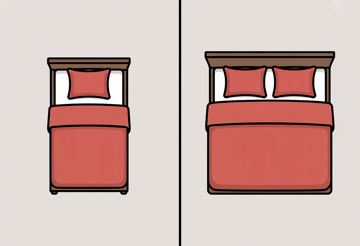Top-down view of two beds side by side, one narrow twin bed with one pillow and one wider double bed with two pillows.