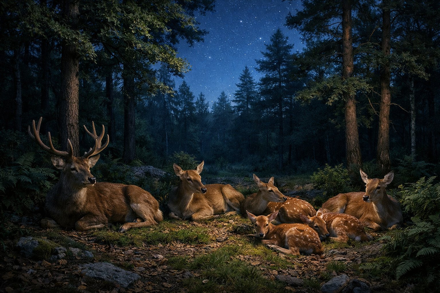 A group of deer resting on the forest floor at night under moonlight among trees and plants.