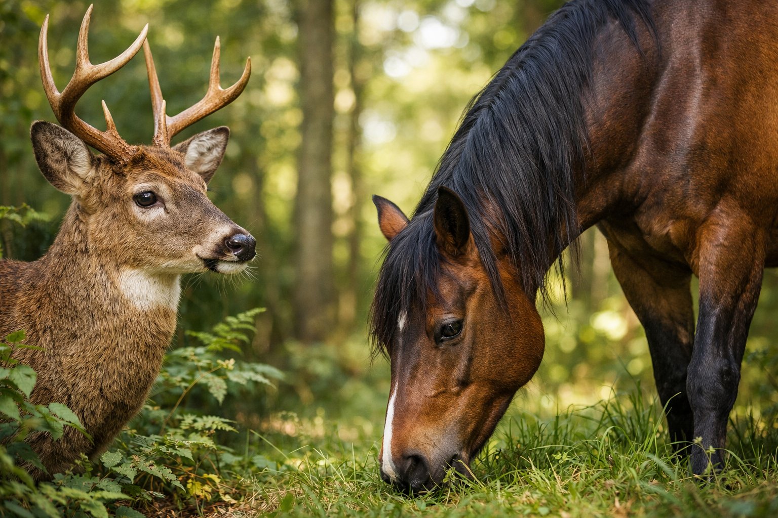 A deer and a horse standing side by side in a forest with green foliage and sunlight filtering through the trees.