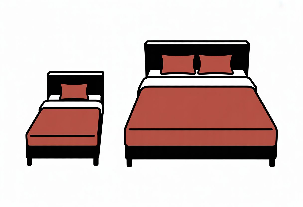 A simple illustration showing two beds side by side, one narrow and one wider, highlighting the size difference between a twin bed and a double bed.