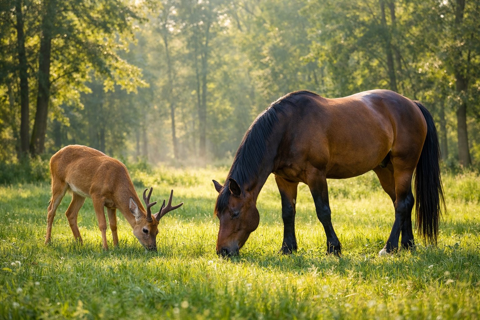 A deer and a horse standing side by side in a green meadow with trees in the background.
